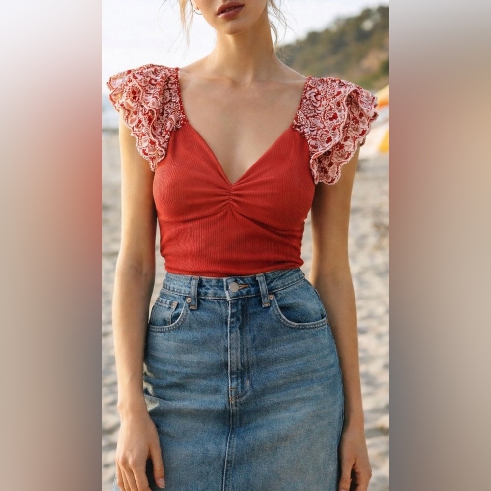 Anthropologie Eyelet Sleeve Ruched Ribbed Top XS Terracotta Orange Red RARE Fall